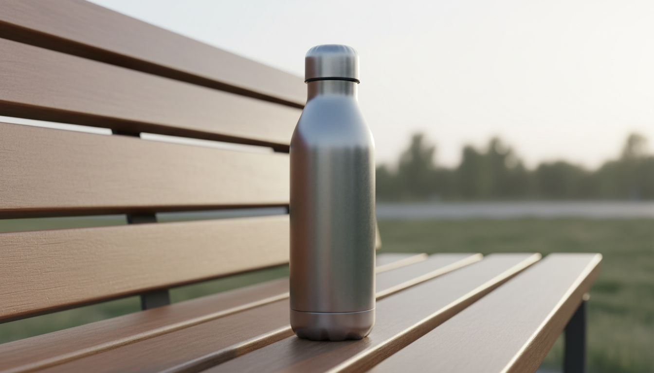 A pristine metal water bottle with a brushed steel finish and a secure, ergonomic cap, displayed on a wooden bench with clean, straight grain lines, situated at the edge of a well-maintained park trail. The softly diffused early afternoon light brings out the bottle’s gentle sheen and the subtle textures of the bench. The backdrop is minimalist, featuring faint outlines of distant trees in soft focus, allowing the water bottle to stand out as a symbol of healthy, active living. An eye-level composition with a centered subject and balanced layout emphasizes professionalism and a clean, modern style appropriate for a business site.