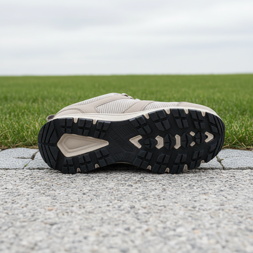 A close-up view of a specialized Nordic walking shoe, showcasing a textured, non-slip sole made from matte-black rubber and breathable, neutral-toned mesh fabric. The shoe is placed precisely at the start of a smooth gravel path surrounded by carefully trimmed green grass, bordered by neat stone edging. Overcast natural lighting creates gentle, minimal shadows, ensuring every detail of the shoe's construction is clear and crisp. Captured from a low, side angle with sharp focus throughout, the image conveys a sense of readiness and healthy movement. The style is clean, structured, and minimalist, aligning with a professional, business-forward site approach.