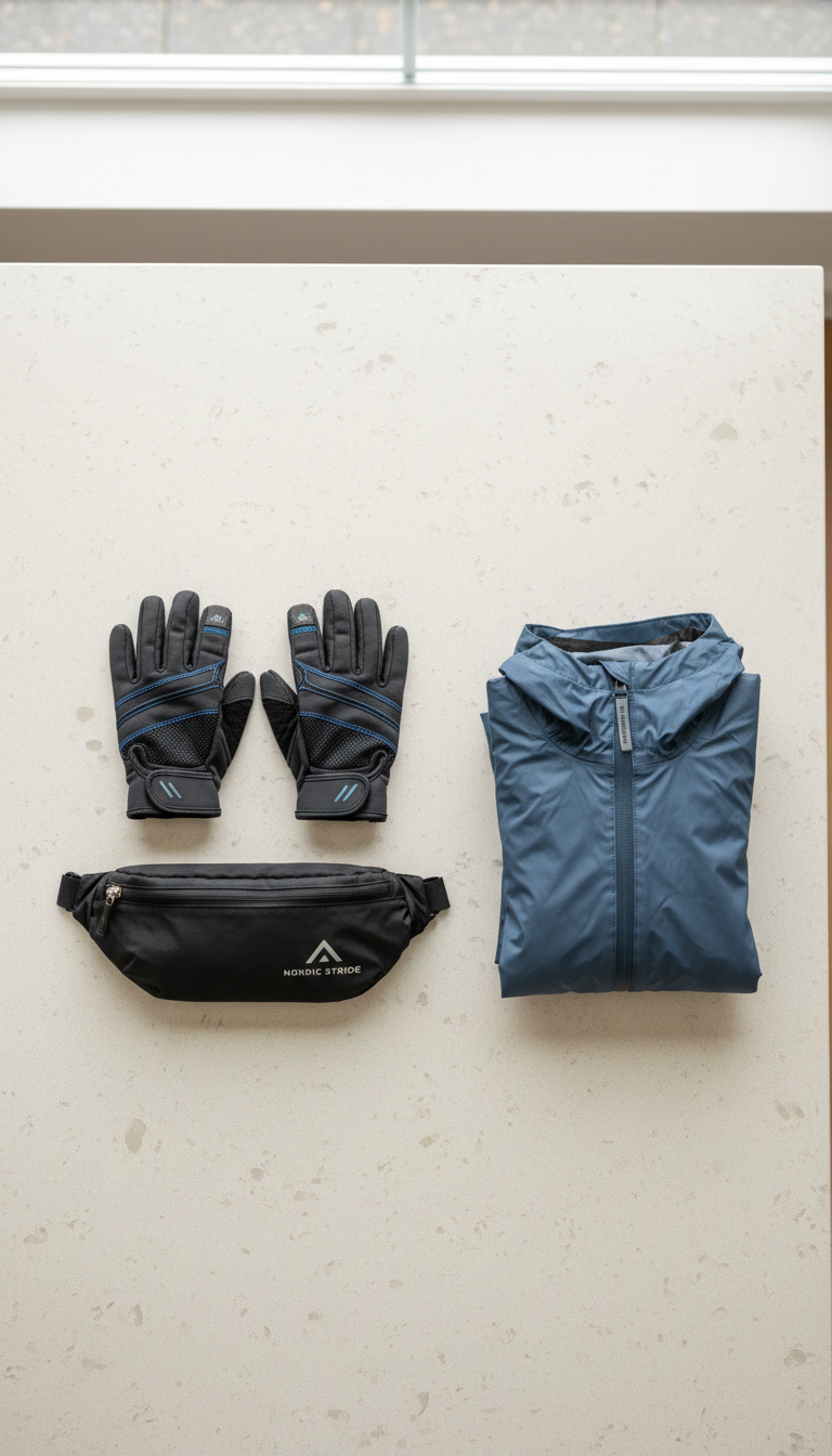 A neatly organized collection of Nordic walking accessories—precision-designed gloves, a lightweight waist pouch, and a folded rain jacket—arranged geometrically on a smooth, neutral-toned tabletop. Each item displays meticulous detail, from the breathable fabrics of the gloves to the matte-finished, waterproof material of the jacket. The arrangement is shot in bright, diffused daylight from above, creating minimal shadows and highlighting the orderliness. The mood is practical, efficient, and focused on health and preparedness, with a photographic, minimalist style reflecting the structured, professional ethos of the coaching club.
