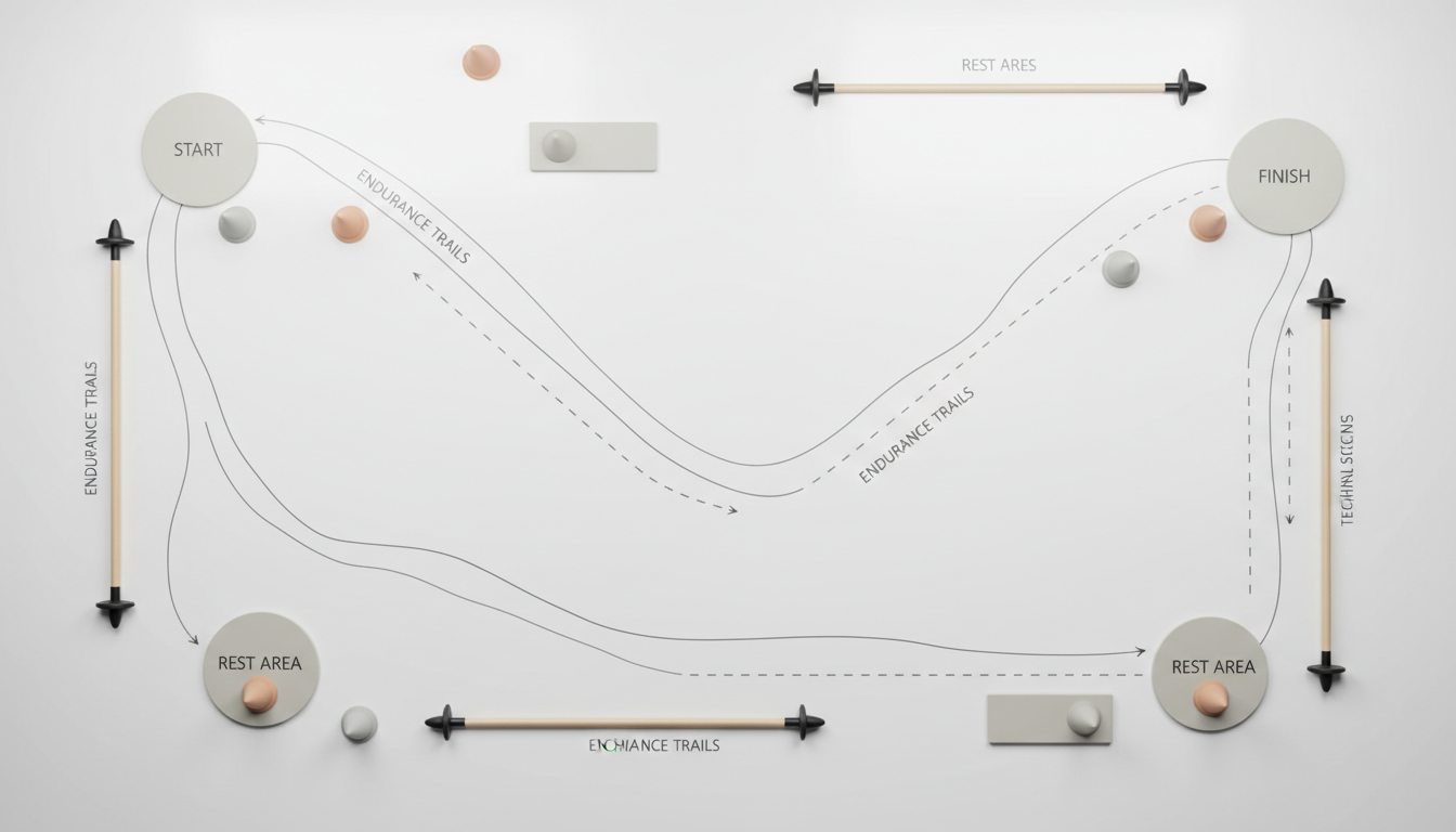 A modern Nordic walking course layout diagram crafted on a flat, whiteboard-like surface with organized, neutral-toned markers indicating different segments—curved trails, straight technical sections, and resting areas, all outlined with precise, clean lines. Neatly arranged Nordic walking poles and a few minimalist traffic cones are placed at key points, enhancing the structured feel. Bright, even studio lighting eliminates distractions and keeps the focus on the diagram's clarity. The mood is instructive and efficient, evoking expertise and structure, with photographic realism and a corporate flair suitable for coaching or training presentations.